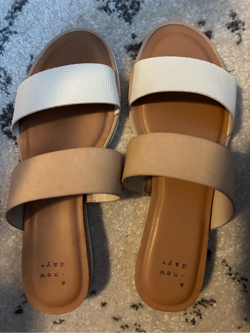a new day Two-Band Slide Sandals in White and Nude/Tan